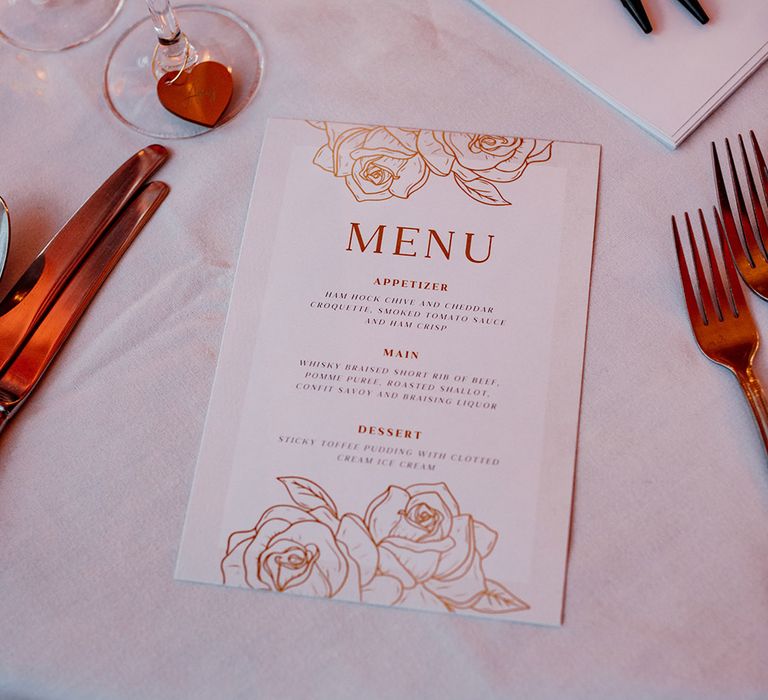 Wedding menu stationery for formal three course meal wedding breakfast 