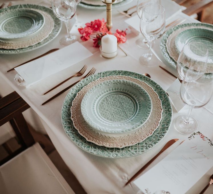 pink and blue wedding table decor and place setting