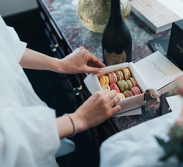 Macaroons and champagne for wedding day morning 