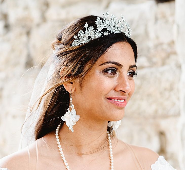 Beautiful Asian bride with pearl necklace, Ivory & Co bridal crown and Twigs & Honey earrings