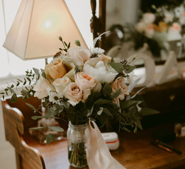 Blush pink and white rose wedding bouquet 