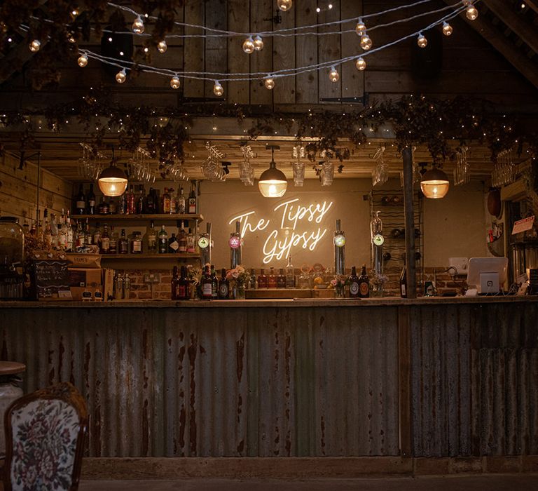 Bar complete with LED lighting and fairy lights outdoors 