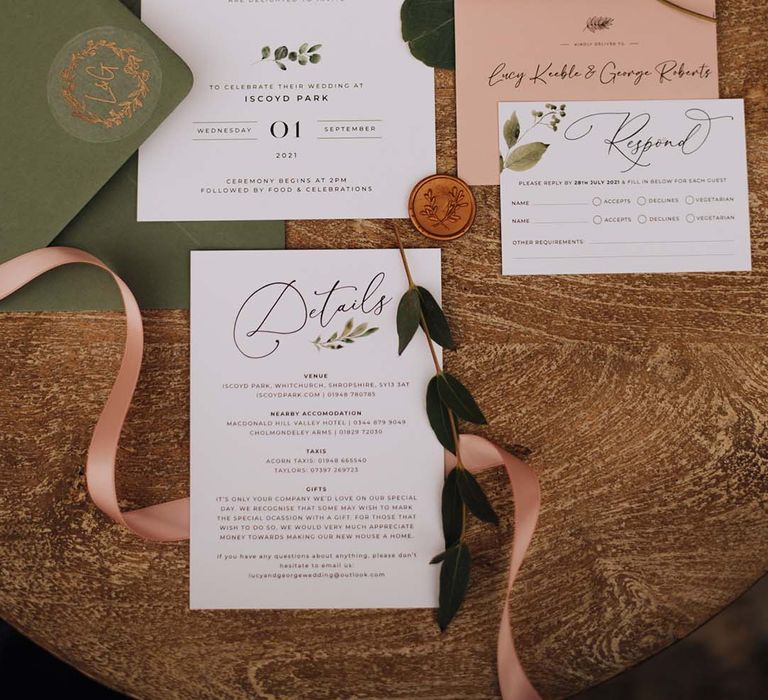 Blush and green wedding stationery