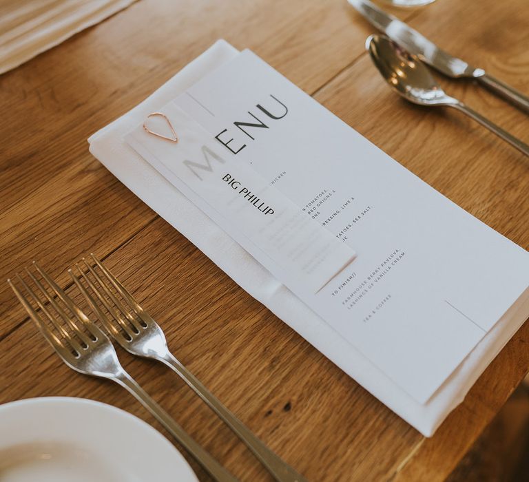 Simple black and white wedding menu and name place cards