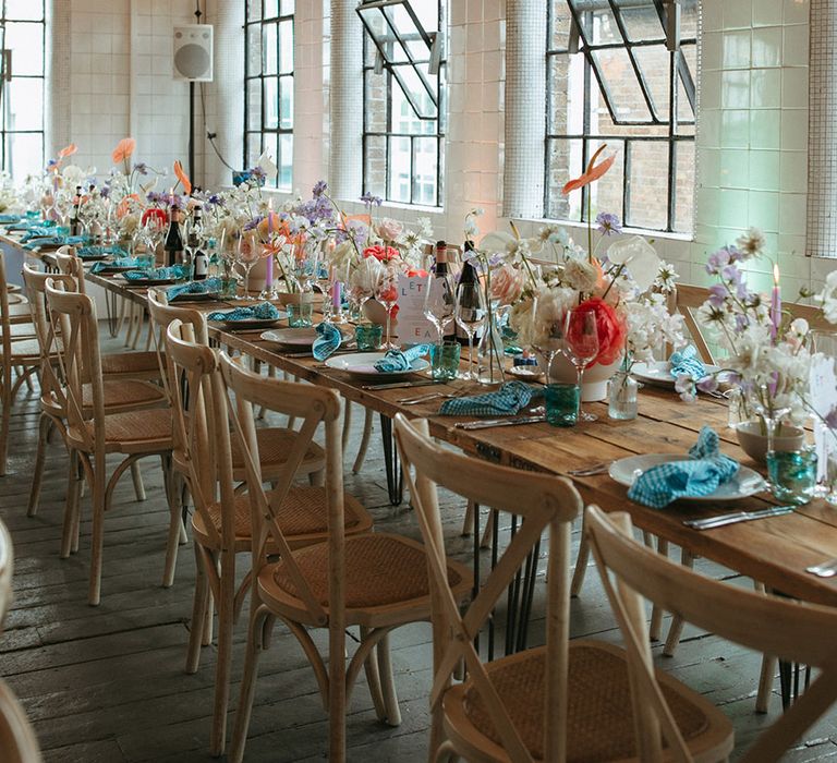 Loft Studios wedding venue in London with a colourful pastel tablescape