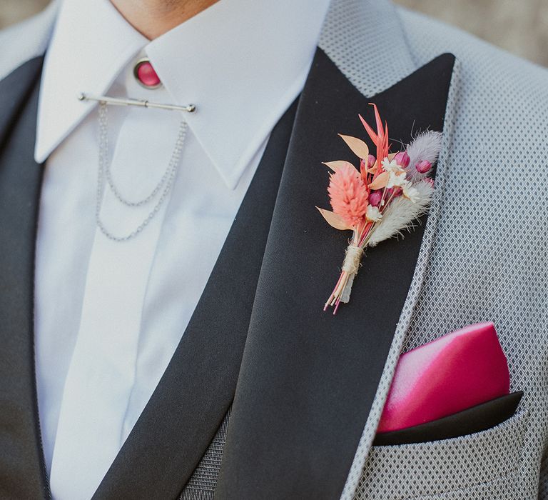 pink pocket square tie pink and dried flower boutonniere