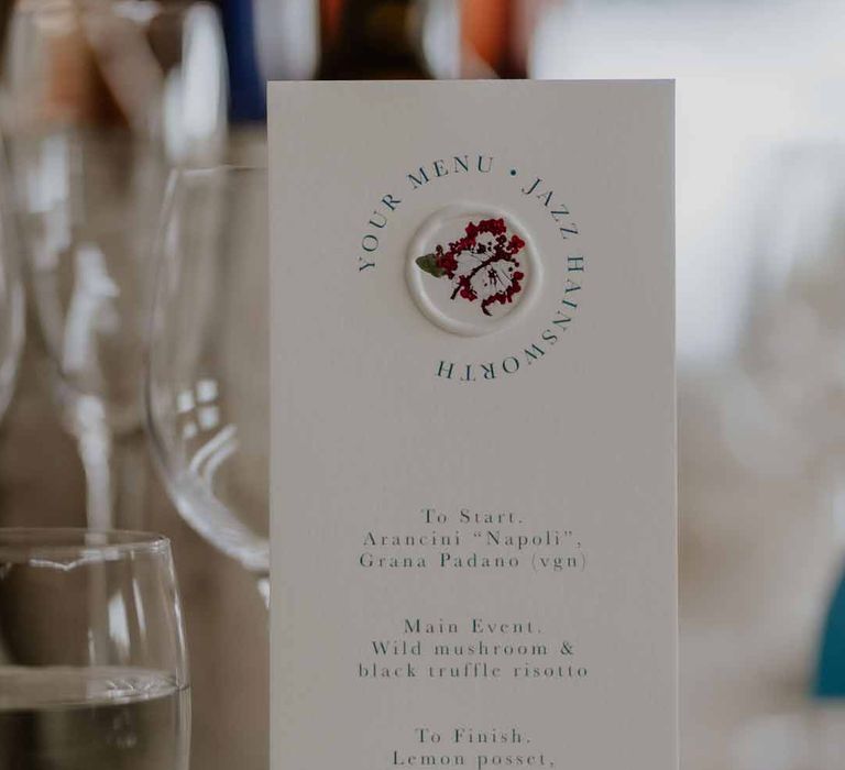 Minimalist wedding menu on classic wedding tablescape at Elmore Court Gloucestershire wedding venue