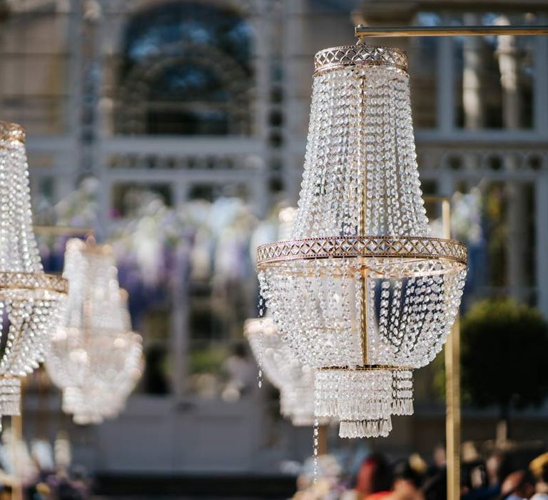 Gold and crystal outdoor wedding chandeliers at Syon Park