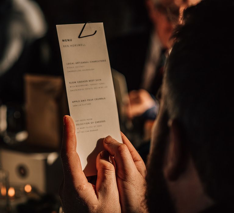 Minimalist black and white wedding menu on the day stationery 