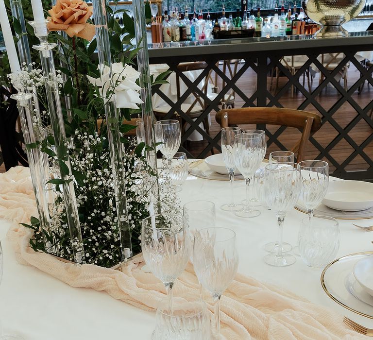 Port Lympne Wildlife Park wedding with white, ivory and gold wedding place setting 