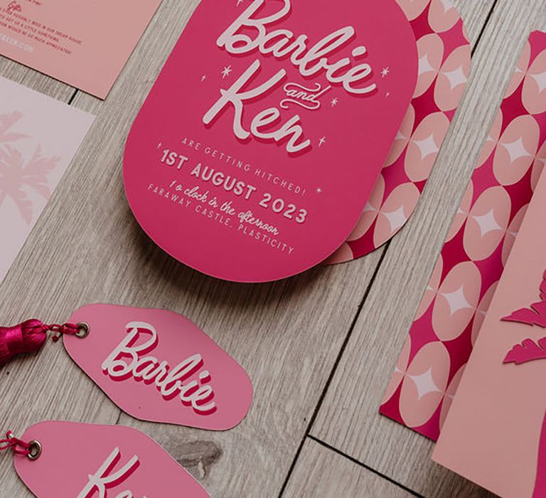 Pink Barbie wedding invitations for themed weddings and celebrations