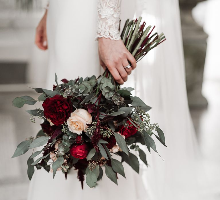 Red rose and foliage wedding bouquet 