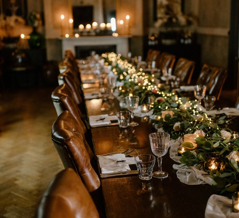 Festive wedding décor with fairy lights for intimate wedding breakfast