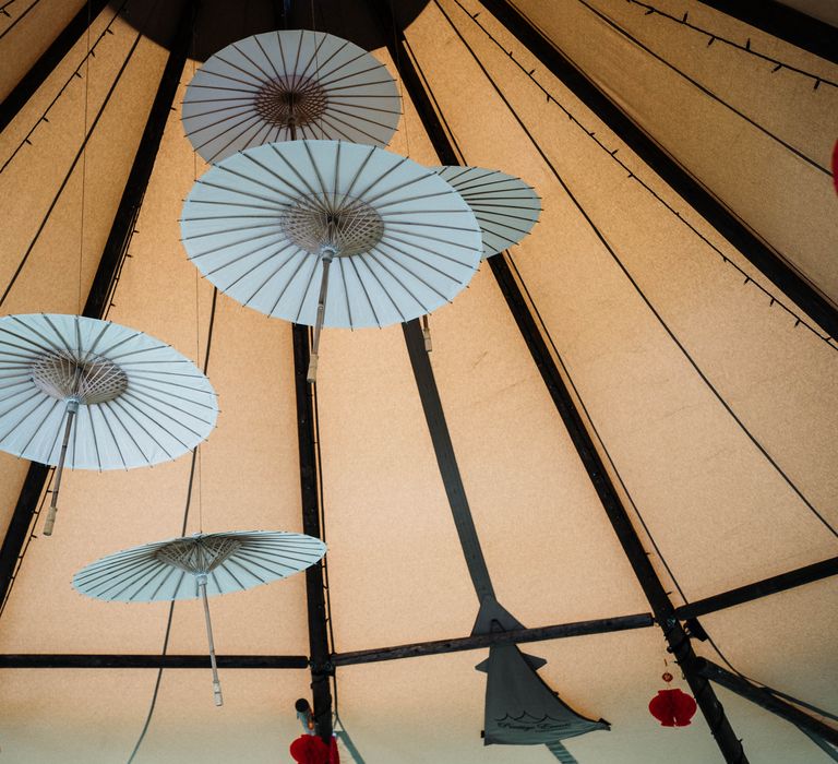 Lanterns hang from Tipi for multicultural wedding