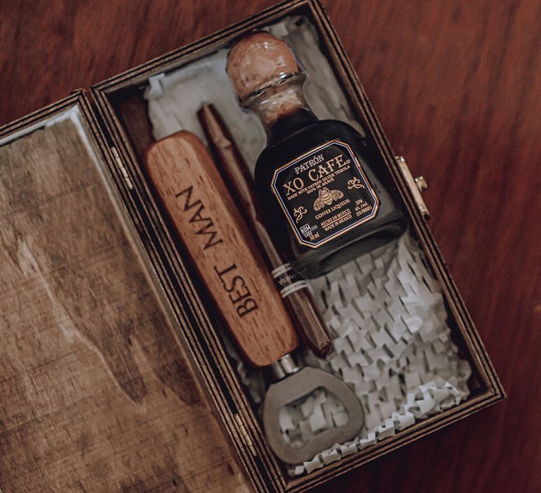 Best Man box complete with Cafe Patron and bottle open engraved with 'Best Man'