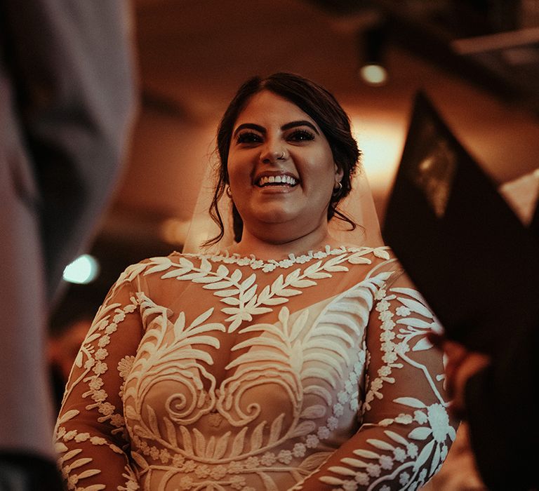 Indian bride in a boho wedding dress at Victoria Warehouse wedding ceremony 