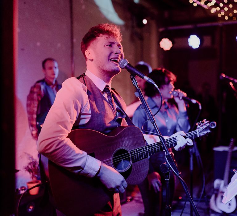 Live band as the wedding entertainment at the industrial city wedding venue in Brixton 