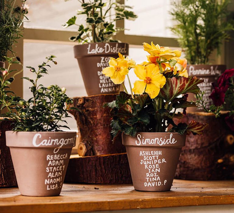 Unique botanical plant pot wedding table plan idea 