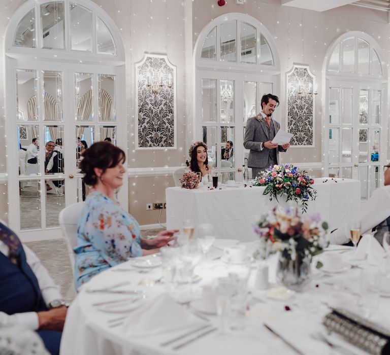 Groom gives speech at socially distanced wedding breakfast