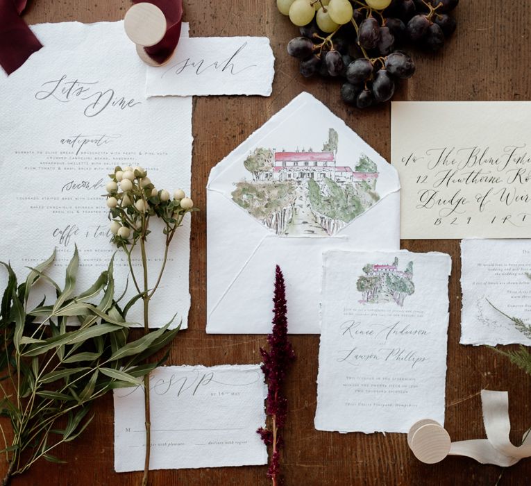 Wedding stationery suite with venue illustration and calligraphy writing 