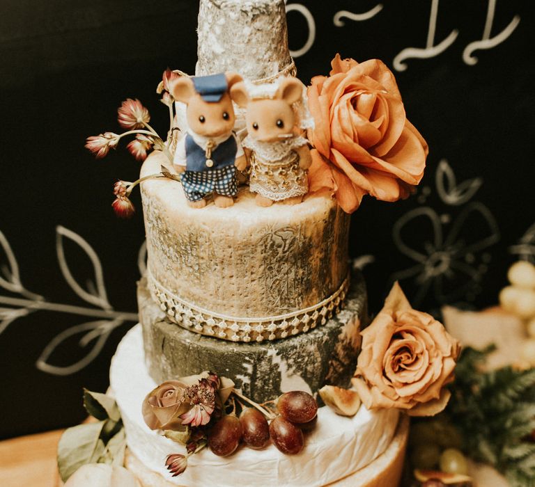 Sylvanian family toys as wedding cake toppers on a cheese tower alternative wedding cake 