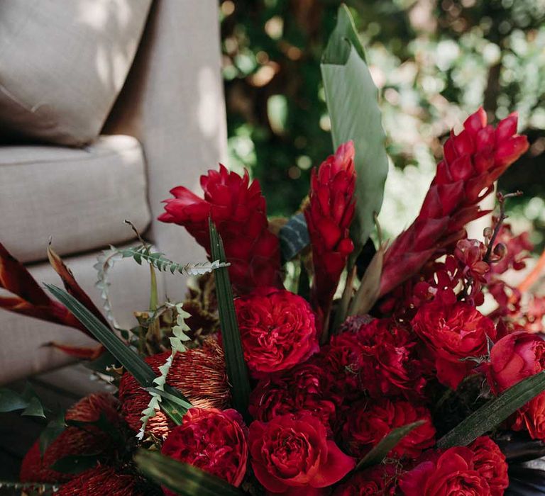 Bright red tropical wedding flowers decor