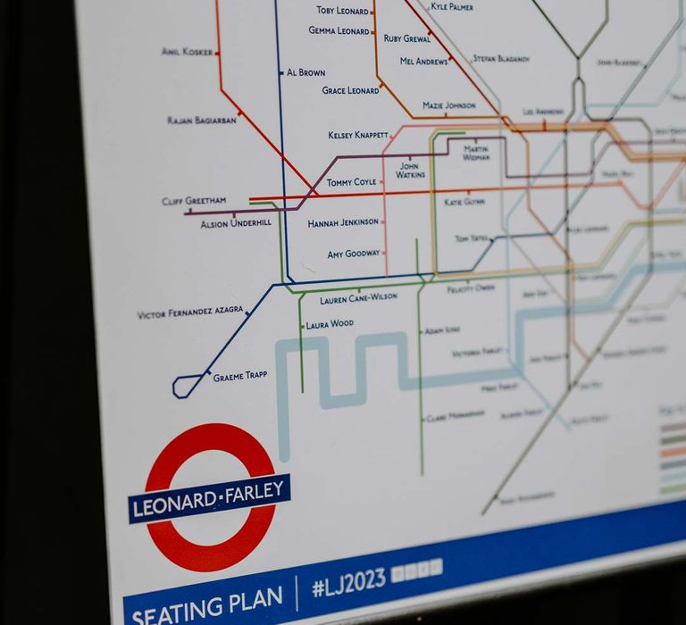 Alternative wedding seating plan ideas - London tube map wedding seating plan at The Gherkin wedding venue London 