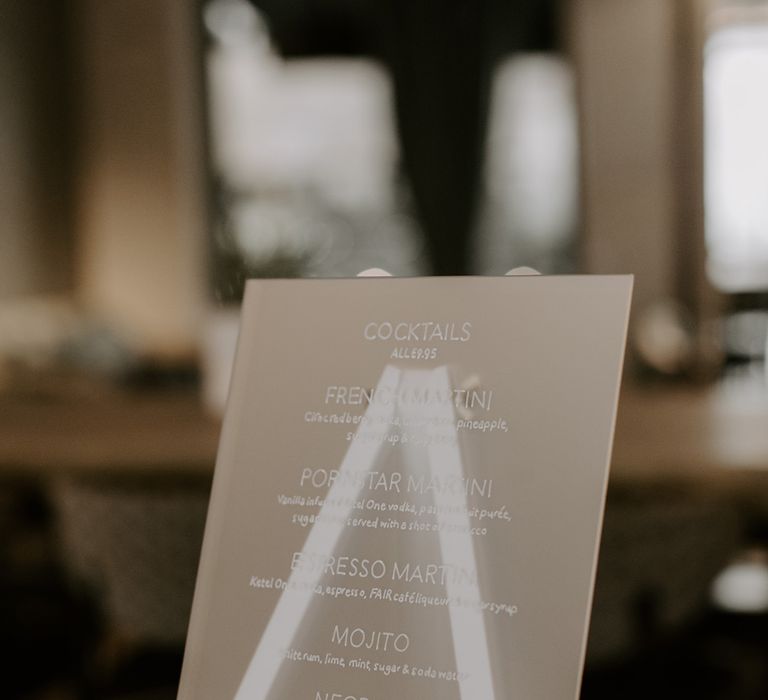 Frosted acrylic cocktail menu wedding sign 