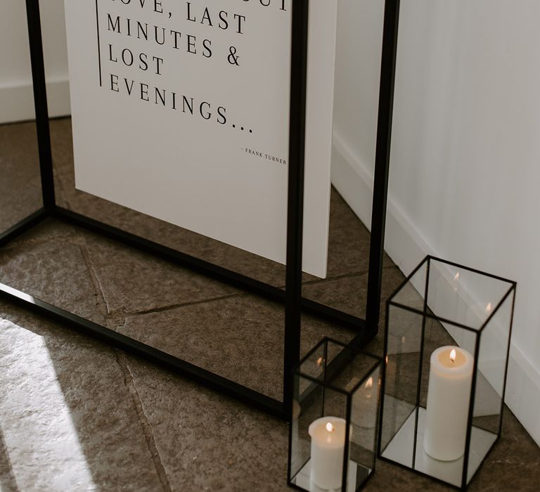 Black and white wedding signage with special quotation for modern minimalist Aswarby Rectory wedding 