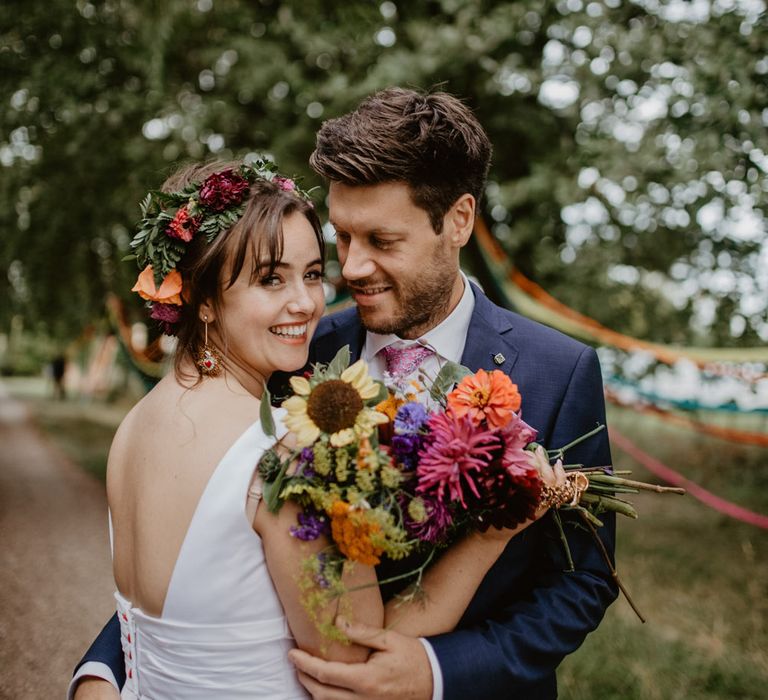 Bride and groom portrait at Thurstons Farm, rainbow wedding 