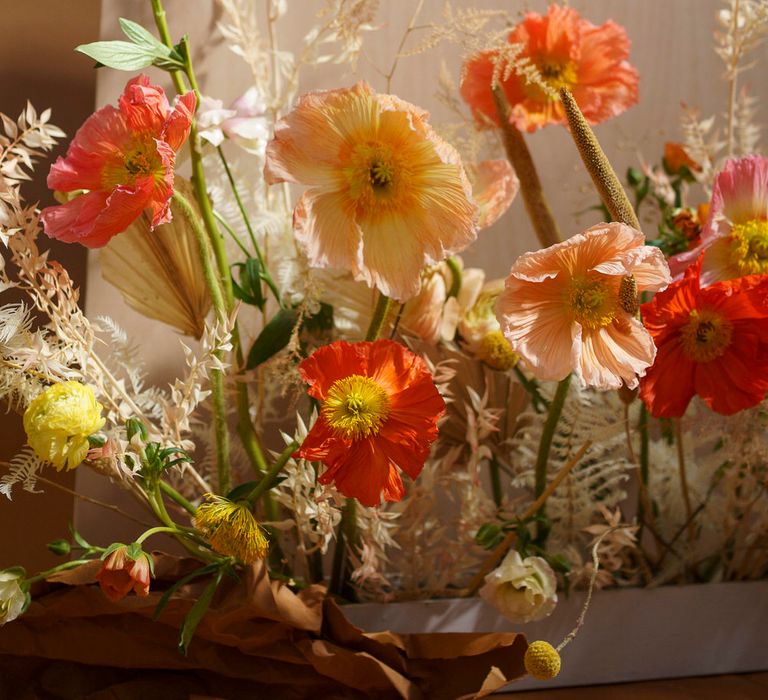 Orange and peach colour poppies with dried flowers