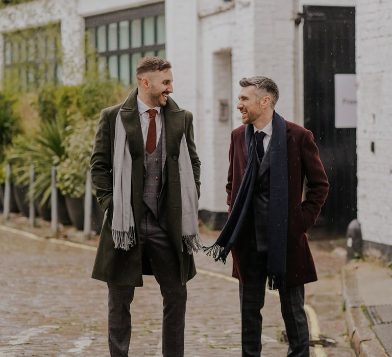 Grooms wear stylish suits with scarves in London for last minute wedding at the Old Marylebone Town Hall