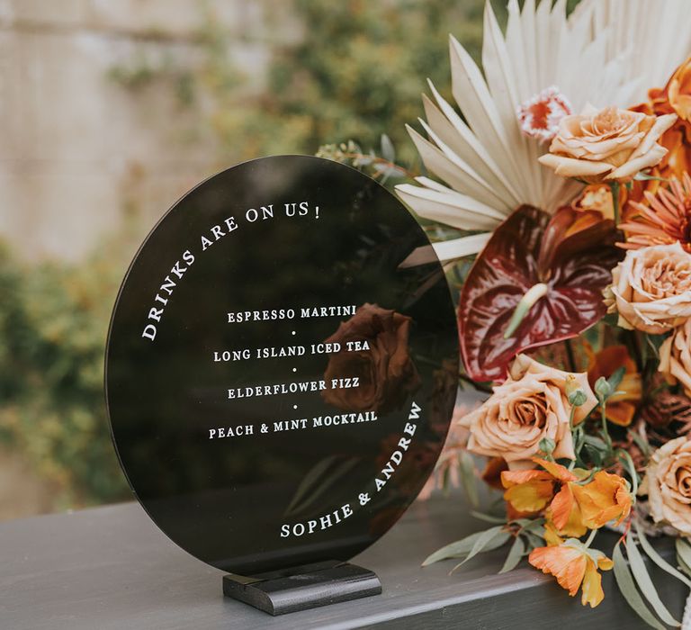 Black acrylic bar menu wedding sign 