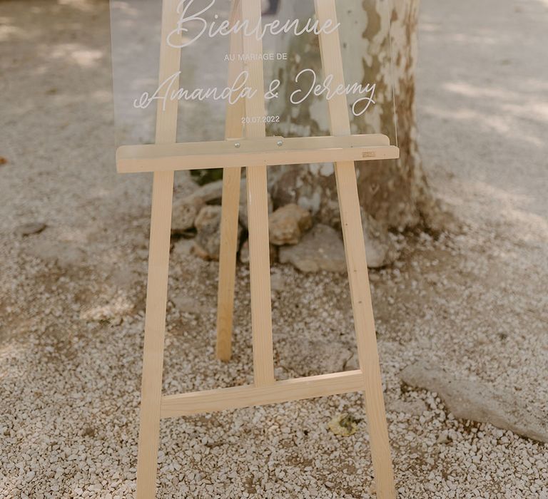 Glass Welcome Sign on wooden easel for wedding in the South of France 