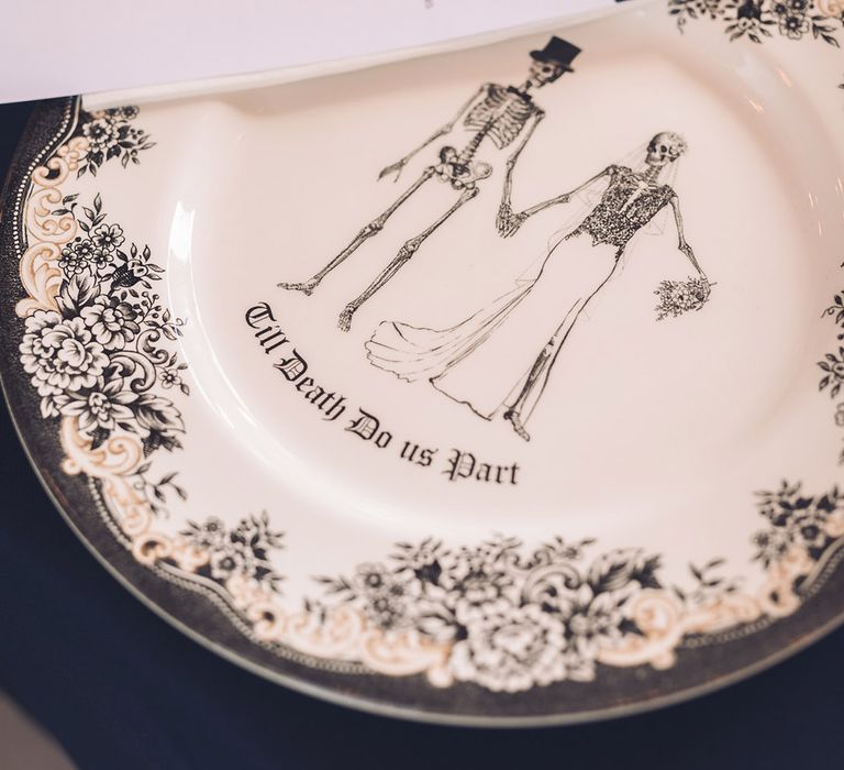 Black and white 'Till death do us part plate with skeletons on with a star and celestial theme blue wedding menu 