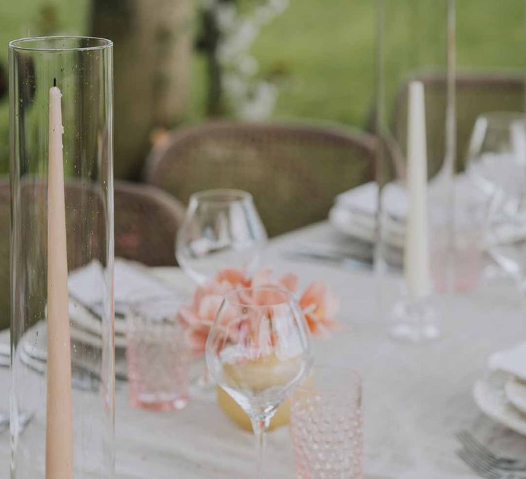 Dainty floral wedding tablescape with simple white crockery and blush wedding table decor at Euridge Manor 