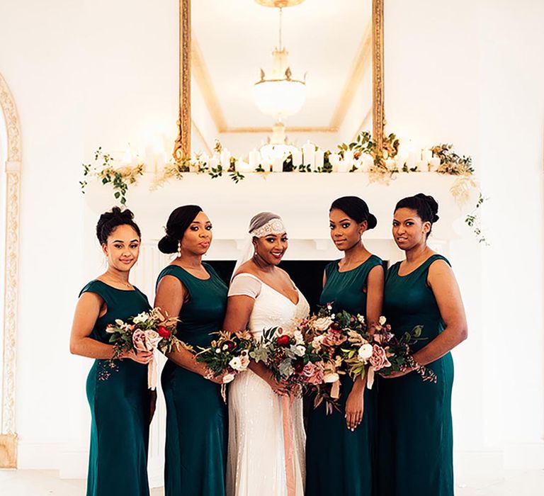 Traditional wedding with photo of the bride and bridesmaids in seasonal wedding outfits and shades of green