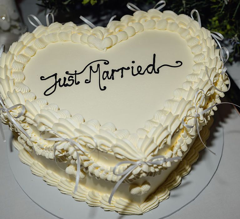 Buttercream Heart Shaped 'Just Married' Retro Wedding Cake With Bows