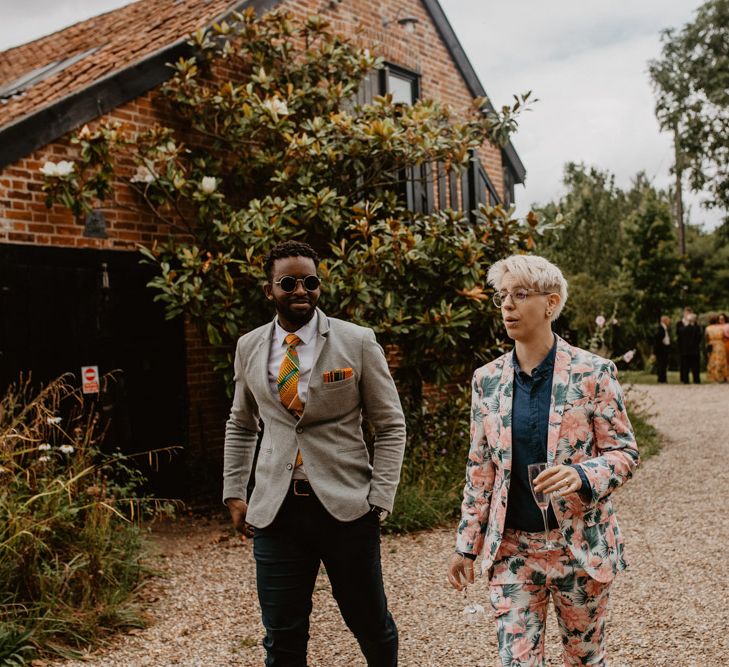 wedding guests in patterned suits 