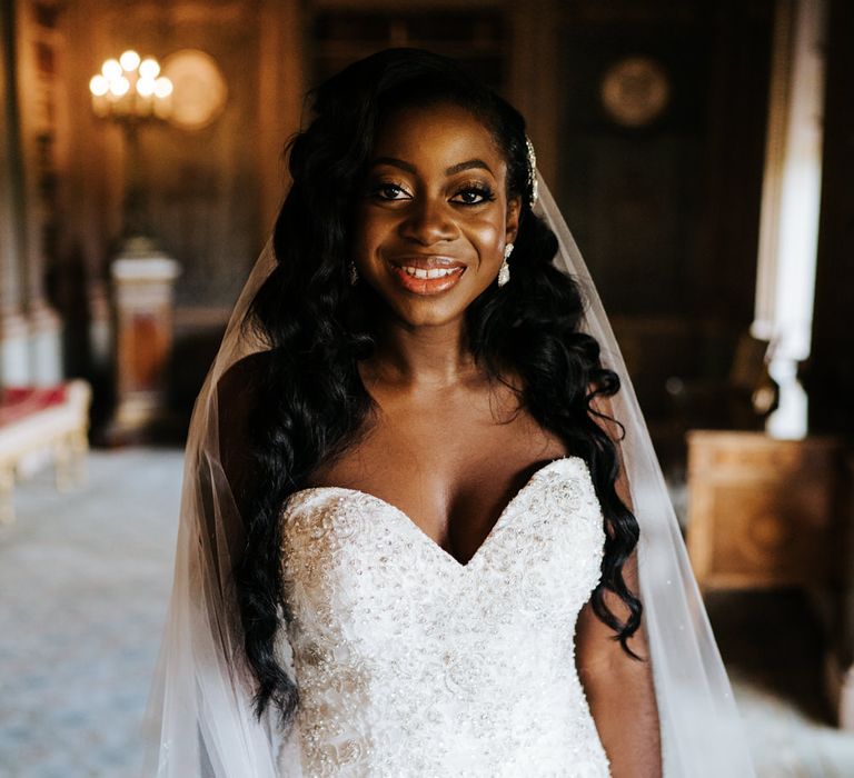 Beautiful black bride in strapless wedding dress