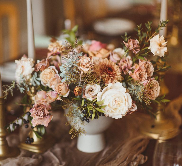 Blush pink and white rose and dahlia floral arrangement 