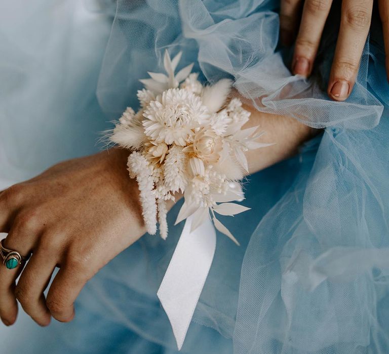 Neutral dried flower wrist corsage by Luna and Wild 