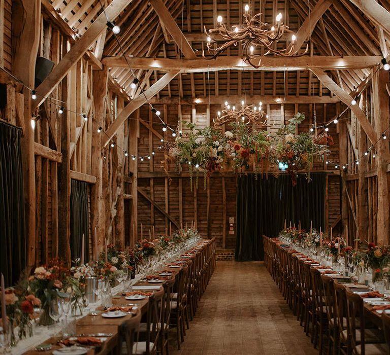 Barn wedding venue with flower decor