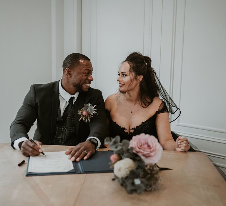 Bride & groom look lovingly at one another whilst signing marriage certificate 