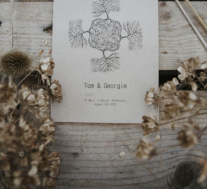 Tree illustration wedding invite with dried flowers