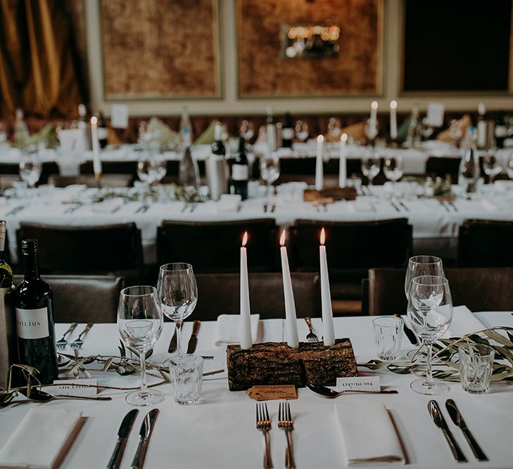 Wedding table decor and candles at Balham Bowls Club reception