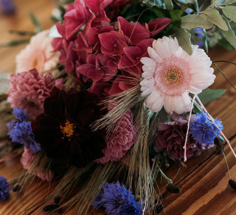 colourful wedding flowers with gerbras, hydrangeas and dahlias 