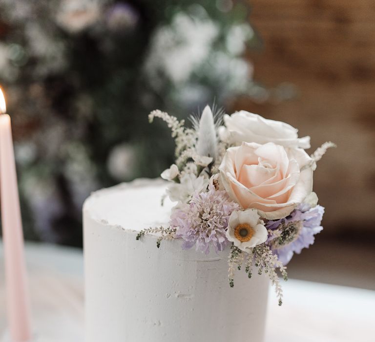 Small pastel wedding cake with romantic flower details by Where the Ribbon Ends