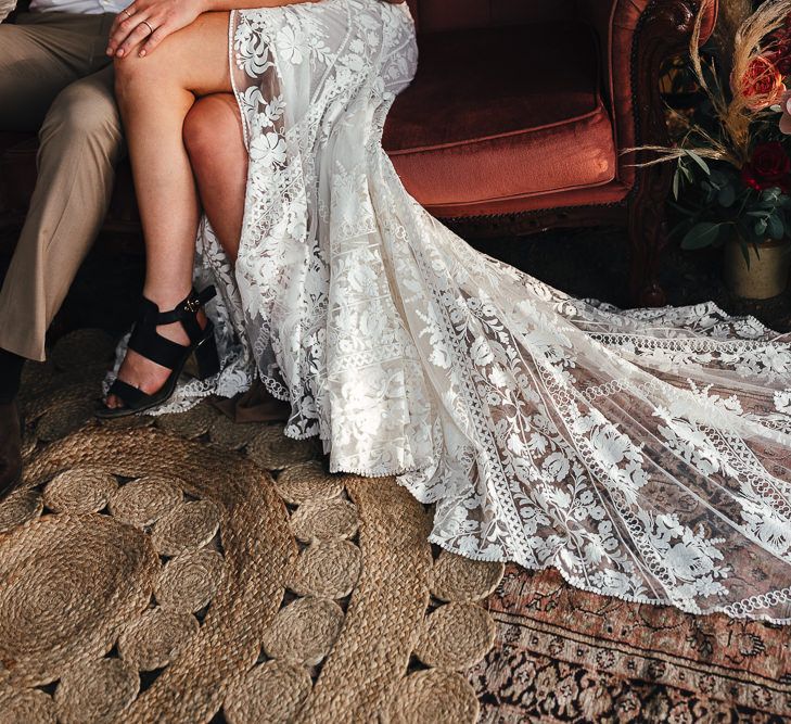 Boho lace wedding dress with black heels