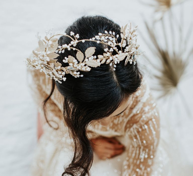 White and gold wedding flower hair accessories